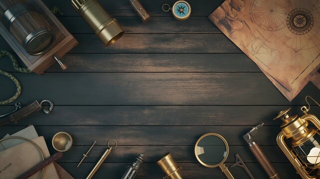 Flat lay of vintage nautical navigation tools on dark wooden desk with navigation, nautical