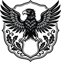 Fototapeta premium Stately eagle emblem featuring a majestic bird of prey perched above a classic heraldic shield structure for branding.