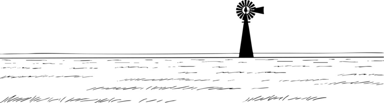 Minimalist silhouette of a rural windmill in a flat landscape
