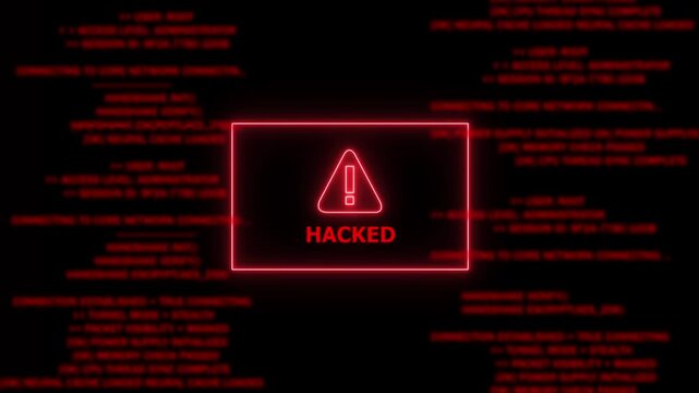 Red Exclamation Mark Warning Symbol data breach alert Neon Sign. Digital glitch effect overlaying a red warning sign within a code editor displaying C++ syntax