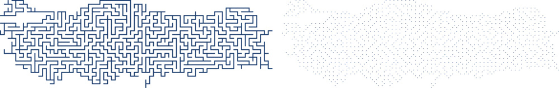 Abstract Turkey map silhouette, blue geometric maze pattern map of Turkey, creative line art cartography, modern vector illustration for travel and logistics