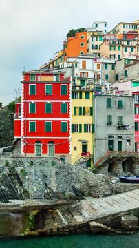 Vertical Time Lapse of the beautiful and scenic seaside village of Riomaggiore in Italy. One of the small towns that makes up Cinque Terre.