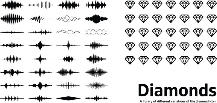 Collection of black vector audio sound wave icons and geometric diamond line symbols in various styles isolated on white background for technology and luxury logo design.