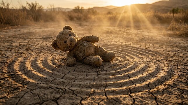 Stuffed teddy bear lying on cracked earth with circular patterns, illuminated by warm sunlight during sunset in a dry, arid landscape
