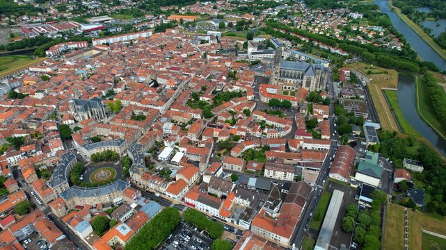 Panoramic aerial view around the old town of the city Toul in France on a sunny spring afternoon