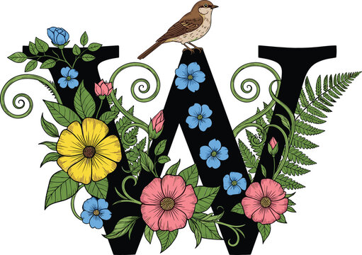 Decorative alphabet letter W initial vector illustration featuring colorful flowers, green leaves, and a vintage-style bird perched on top for monograms and personalized branding.