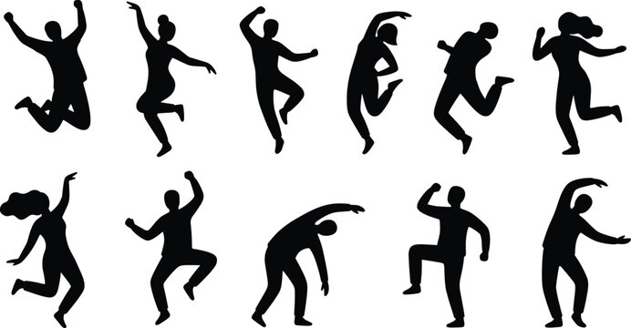 Collection of black silhouettes featuring people jumping, dancing, and expressing happiness in various energetic poses