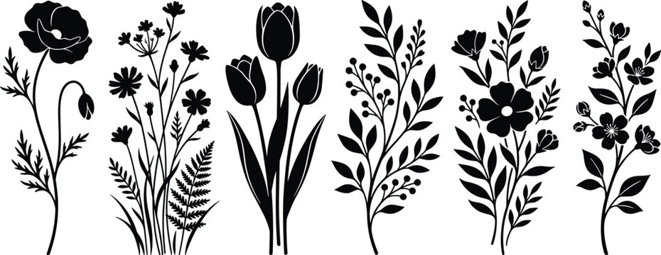 Collection of elegant black floral silhouettes featuring various wild flowers, tulips, and decorative botanical branches isolated