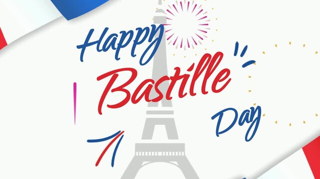 Eiffel Tower illustration serves as the central graphic element for this vibrant Bastille Day celebration banner which features national colors and includes generous copy space for any text overlays.