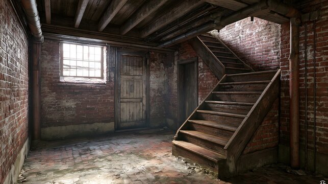 Vintage Basement with Red Brick Walls - Photorealistic Sharp Focus
