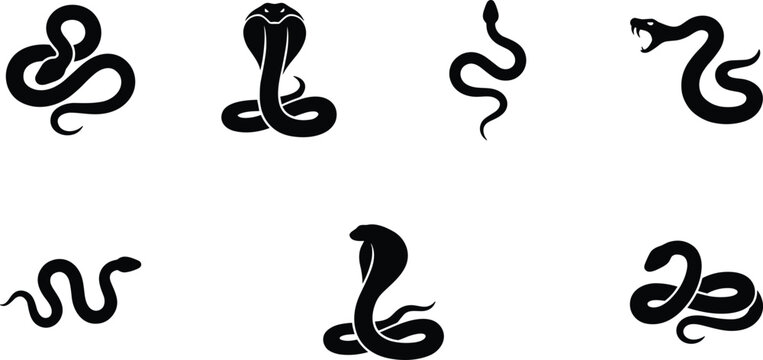 Set of black snake silhouettes in various poses including cobra and coiled serpent for logo design elements