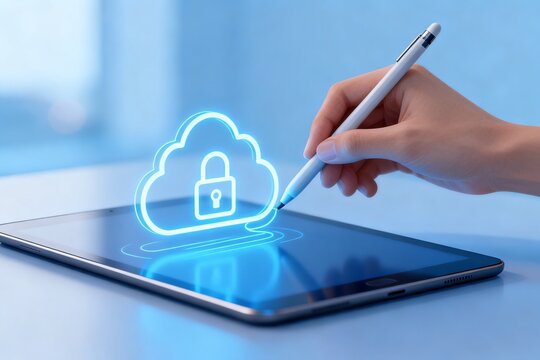 Hand Using Stylus to Interact with Cloud Security Icon on Tablet