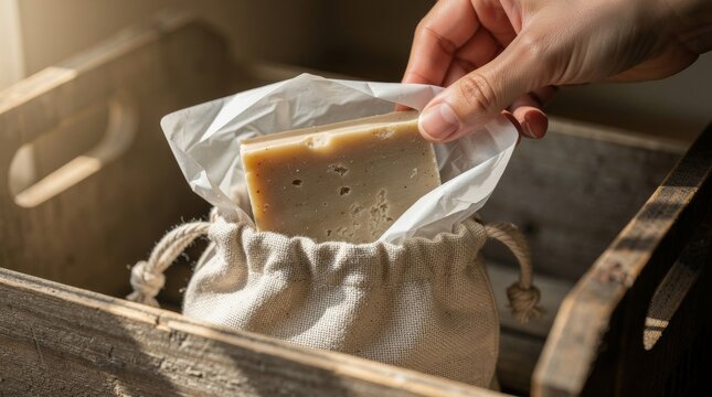 Hand Revealing Block of Cheese in Rustic Bag