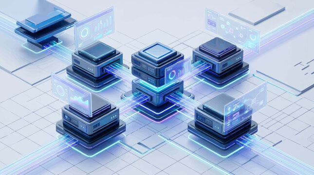 Digital network of interconnected servers and data flow.
