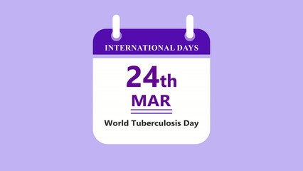 Fototapeta premium Health awareness calendar interface featuring 24th March World Tuberculosis Day with clean minimal date layout and medical design on purple background 4k visuals
