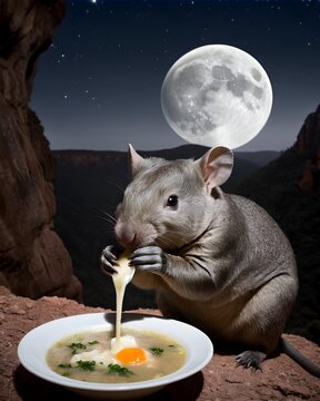 A northern hairy nosed wombat genetic hybrid experiment fantasy animal, fictional species  in a gravity bent canyon eating egg drop soup.