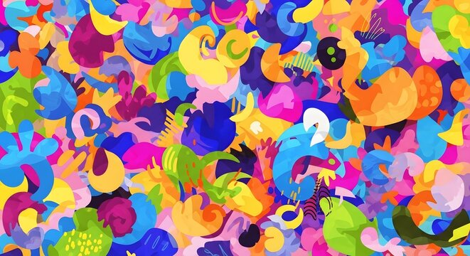 Shapes in various bright colors overlap to form a complex and playful mosaic illustration.