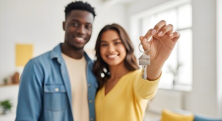 Obraz premium Happy Couple Holding House Keys, New Homeownership, Real Estate Purchase, Property Investment, Lifestyle