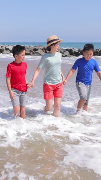 Mother and Sons enjoy a day at the beach. Los Angeles. Vertical video.