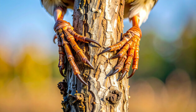 Close up of a bird of prey's sharp talons gripping a textured tree trunk in natural sunlight