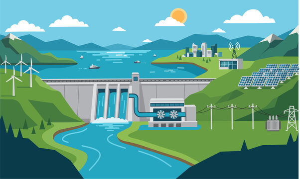 Technology dam releases torrents of water into the river. Suitable for illustrating renewable energy, hydroelectric power, engineering, and environmental themes.