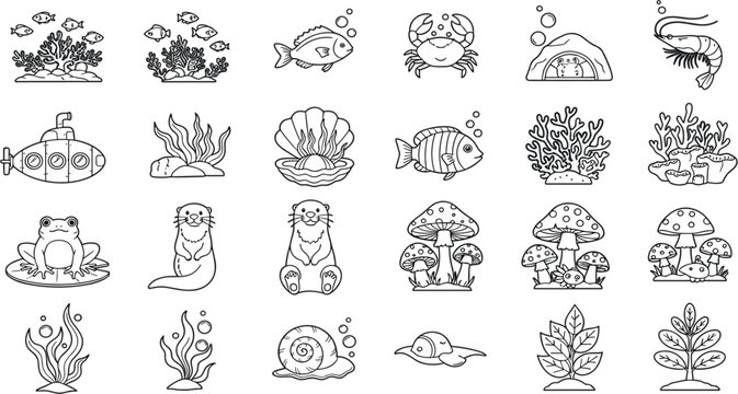 Underwater Marine Life and Nature Icon Set featuring Sea Animals Fish Coral Reef Submarine Mushrooms and Plants Line Art Vector Illustrations