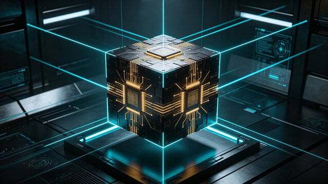 3D Quantum Computing Processor Cube with Glowing Blue Laser Grid Lines