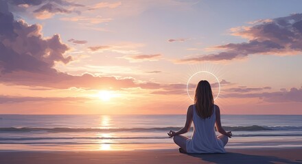 Fototapeta premium Serene yoga day woman meditating on beach at sunset for wellness and mindfulness practice