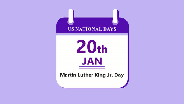 Civil rights calendar interface featuring 20th January Martin Luther King Jr Day with clean minimal date layout and social theme on purple background 4k visuals