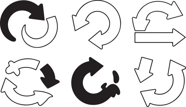 Collection of various black outline and filled arrow shapes representing refresh undo redo and return actions