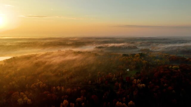 Beautiful dawn aerial shot of sunlight shining thought the trees and low fog in Minnesota in the autumn. Trees are turning their fall colors