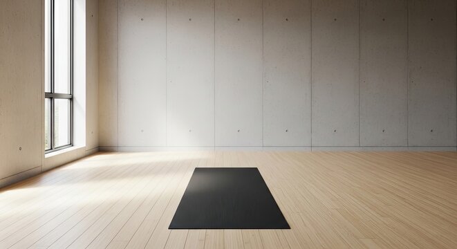 Yoga day preparation minimalist room with black yoga mat on wooden floor