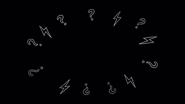 Boiling line art question marks and lightning bolts elliptical frame, seamless loop with alpha channel. Representing confusion, decision making, brainstorming, and finding answers.