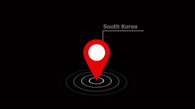 location of the city of south korea on black screen. Country GPS location tracking icon. location pin appearing. pin to indicate the route and location on the video maps. on a black background