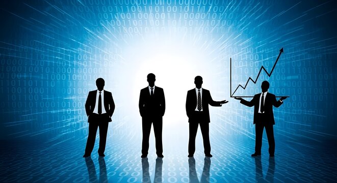 Four men in suits silhouetted against a digital blue background with binary code business