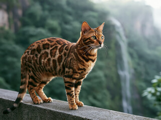 Obraz premium Bengal Cat Posing with Waterfall in Background