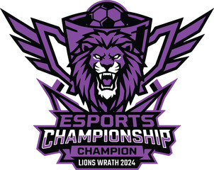 Obraz premium Esports championship logo with roaring lion head and trophy cup with soccer ball.