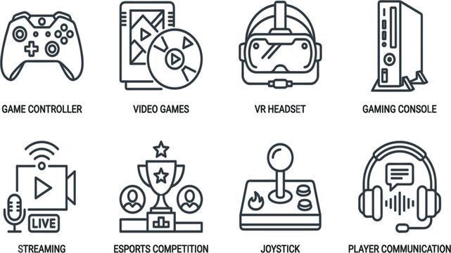 Gaming and esports glyph icon set video games vector elements entertainment controller console vr headset streaming joystick and player communication black silhouettes on white background