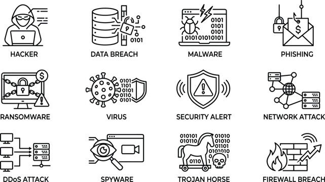 Cybersecurity threat glyph icon set data breach malware phishing ransomware and hacker attack vector elements computer virus and network vulnerability black silhouettes on white background