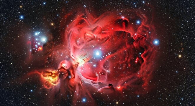 Nebula glows with intense red gas and bright stars scattered throughout the deep space expanse.