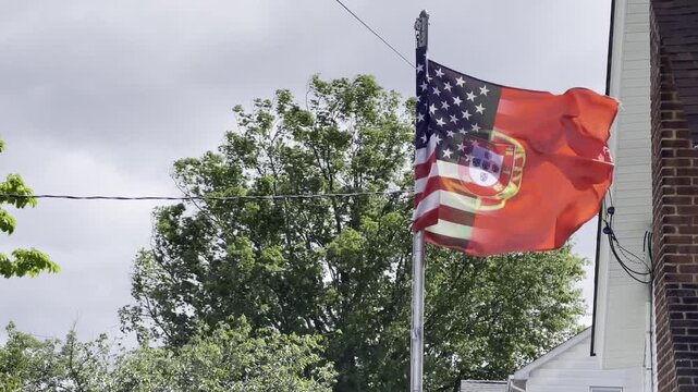 a hybrid  flag that is halve American and halve Portuguese some proud of nationalities