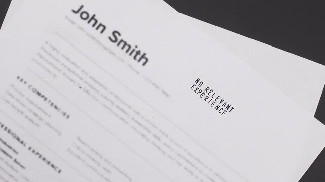 Fake mock CV (curriculum vitae) for John Smith, rejected by HR as not the right candidate with No relevant experience. Concept of job search, hiring mismatch, recruitment process, and rejection. 