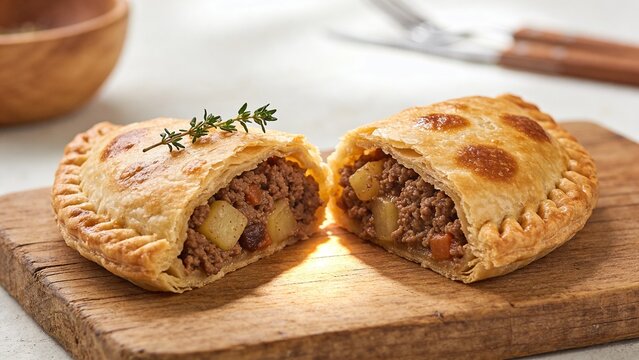 A savory meat pie cut in half on a wooden board with herbs