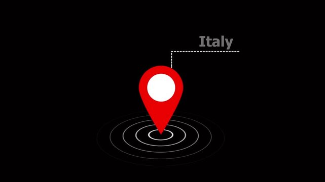 location of the city of italy on black screen. Country GPS location tracking icon. location pin appearing. pin to indicate the route and location on the video maps. on a black background