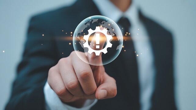 Businessman interacting with glowing gear icon on finger in corporate setting
