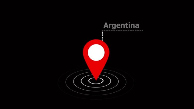 location of the city of argentina on black screen. Country GPS location tracking icon. location pin appearing. pin to indicate the route and location on the video maps. on a black background