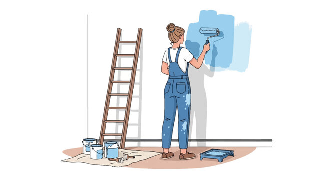 Two painters working indoors on a wall renovation, using a ladder, roller, and brushes to refresh a room.