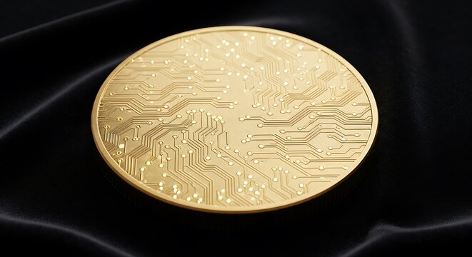 Shiny gold bitcoin cryptocurrency coin with digital circuit board pattern on a dark black background