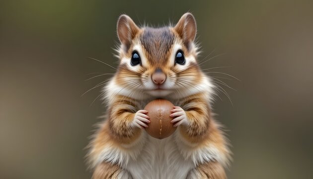   Adorable small chipmunk holding a hazelnut in its tiny paws, ultra-realistic wildlife photography, fluffy brown fur with distinctive cream and dark stripes, bright expressive eyes, detailed whiskers