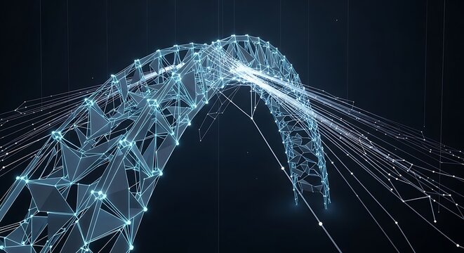 Abstract digital network structure with blue glowing connection lines and dots forming a futuristic geometric shape on a dark background